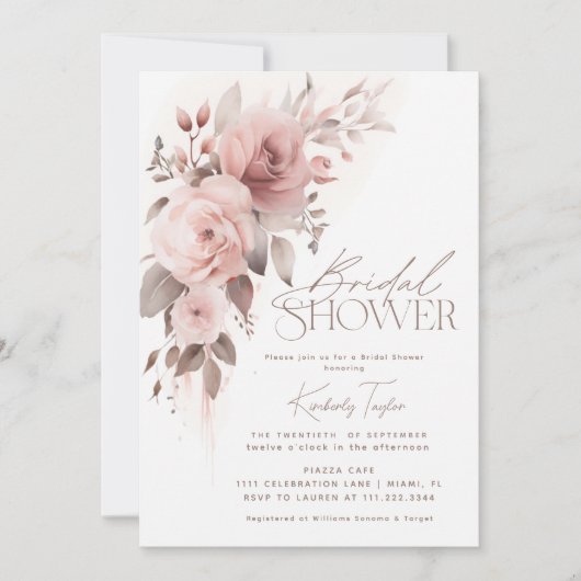 ほこりっぽいバラフローラエレガントミニマルブライダルシャワー 招待状 (正面)