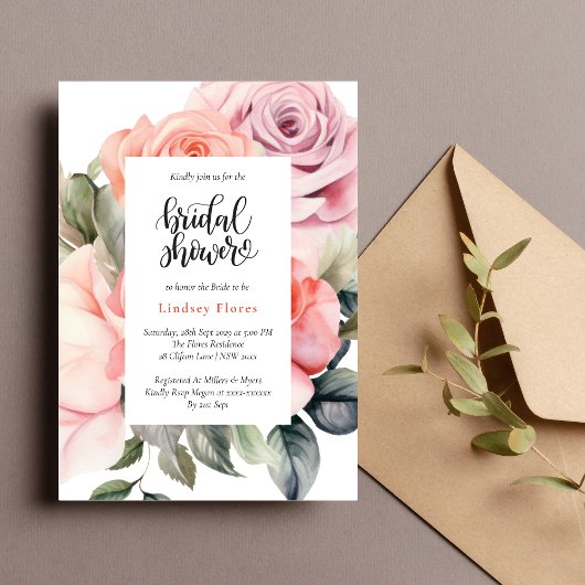 ほこりっぽいバラフローラエレガントミニマルブライダルシャワー 招待状
