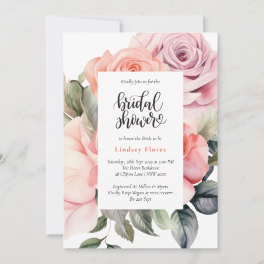 ほこりっぽいバラフローラエレガントミニマルブライダルシャワー 招待状 (正面)