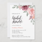 ほこりっぽいバラフローラエレガント水彩ブライダルシャワー 招待状 (正面)