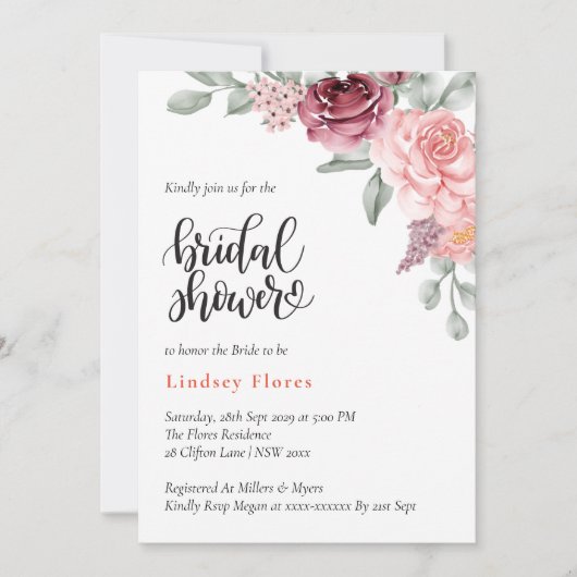 ほこりっぽいバラフローラエレガント水彩ブライダルシャワー 招待状 (正面)