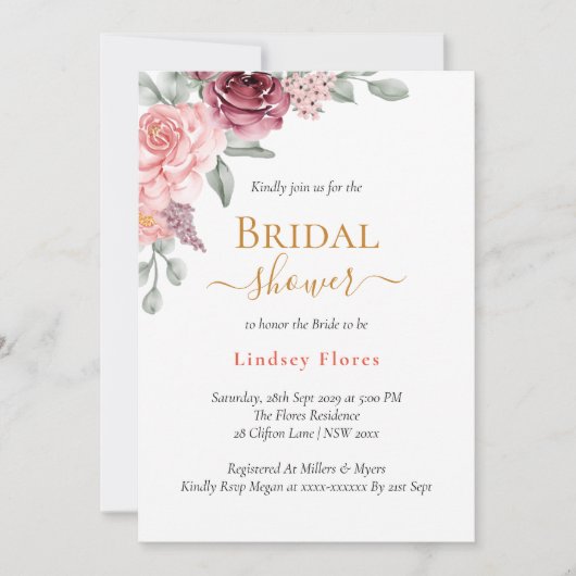 ほこりっぽいバラフローラエレガント金ゴールドブライダルシャワー 招待状 (正面)