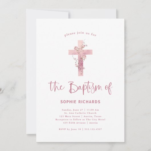 ほこりっぽいバラフローラクロス | ピンクかわいらしの洗礼 招待状 (正面)
