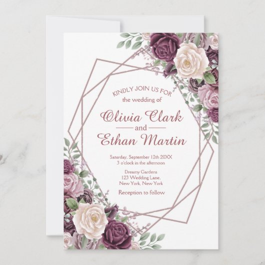 ほこりっぽいバラフローラジオメトリックオンホワイト 招待状 (正面)