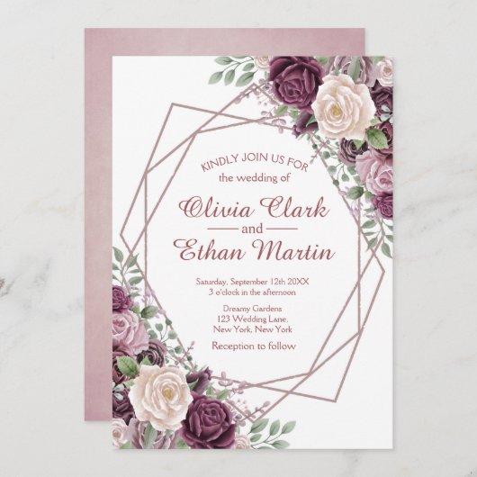 ほこりっぽいバラフローラジオメトリックオンホワイト 招待状 (正面/裏面)