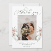 ほこりっぽいバラフローラスクリプト写真結婚の感謝 サンキューカード (正面)