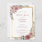 ほこりっぽいバラフローラバラ金ゴールドブライダルシャワー 招待状 (正面)