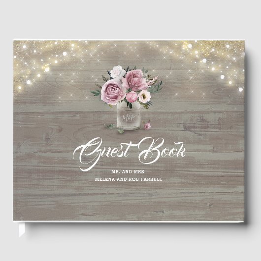 ほこりっぽいバラフローラメイスンジャー素朴カントリーウェディング ゲストブック (正面)