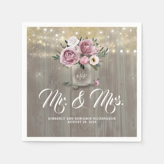 ほこりっぽいバラフローラメイソンジャー素朴カントリー木材 スタンダードカクテルナプキン (正面)