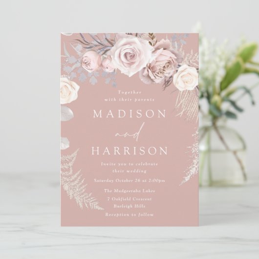 ほこりっぽいバラフローラリースビューティ結婚ーズ 招待状 (スタンド正面)