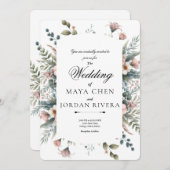 ほこりっぽいバラフローラ植物画縁どエレガント字 招待状 (正面/裏面)