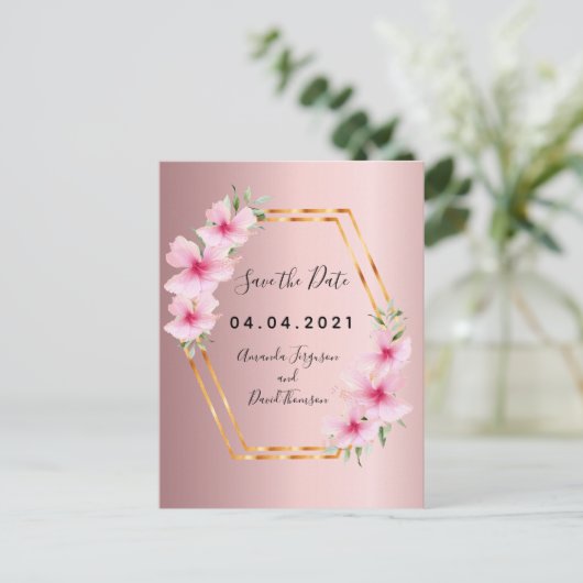 ほこりっぽいバラフローラ結婚式の日付を保存 案内ポストカード (スタンド正面)