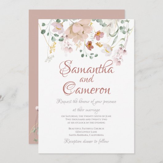 ほこりっぽいバラフローラ結婚式招待状 (正面/裏面)