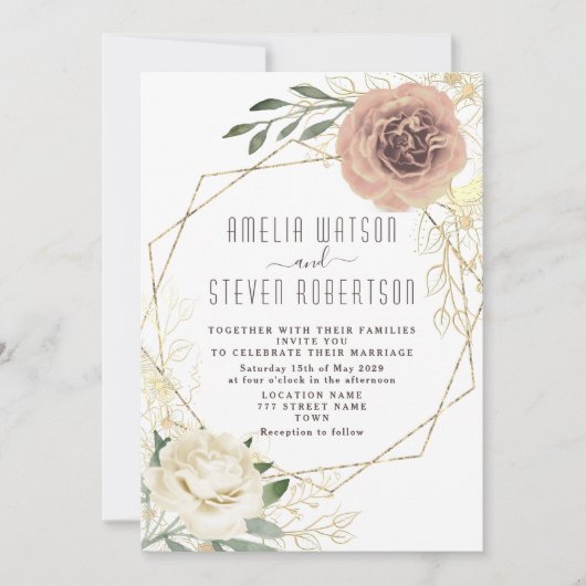 ほこりっぽいバラフローラ緑の結婚式の招待 招待状 (正面)