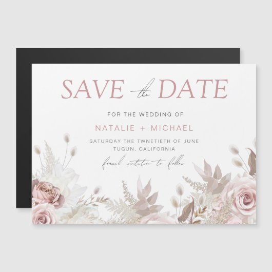 ほこりっぽいバラフローラ赤面結婚式の日付を保存 マグネット招待状 (正面/裏面)