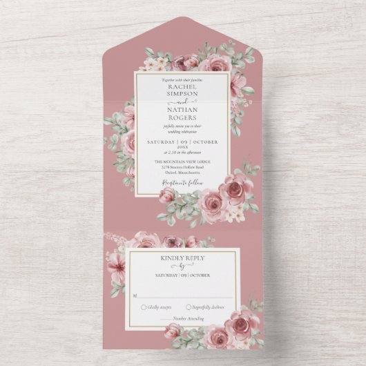 ほこりっぽいバラフローラ金ゴールドジオメト結婚リ オールインワン招待状 (内側)