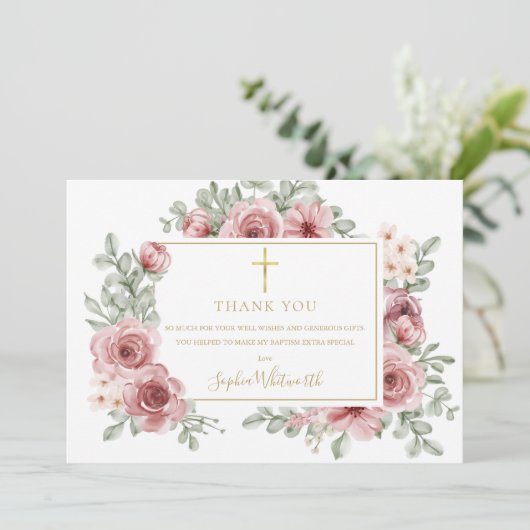 ほこりっぽいバラフローラ金ゴールドバプテスマ《キリスト教》洗礼式や命名式写真 サンキューカード (スタンド正面)