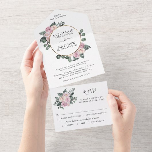 ほこりっぽいバラフローラ金ゴールド結婚サークル オールインワン招待状 (貼ってはがせる)