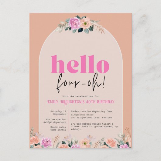 ほこりっぽいバラフローラ"hello four-oh" 40th invitation ポストカード (正面)