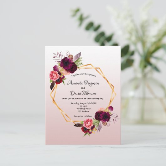 ほこりっぽいバラブルゴーニュ花模様結婚式招待状 ポストカード (スタンド正面)