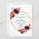 ほこりっぽいバラブルゴーニュ花模様金ゴールド幾何結婚の 招待状 (正面)