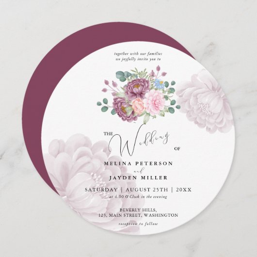 ほこりっぽいバラプラムピーニー結婚フローラ 招待状 (正面/裏面)