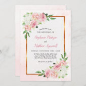 ほこりっぽいバラホワイトフローラ水カラー金ゴールド結婚ズ 招待状 (正面/裏面)