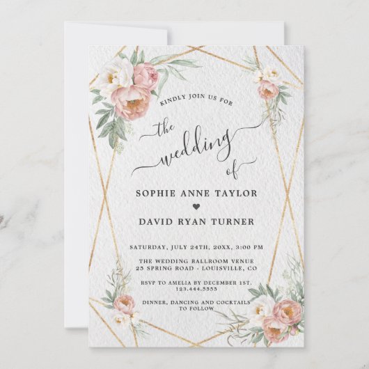 ほこりっぽいバラホワイトフローラ金ゴールド結婚書道 招待状 (正面)