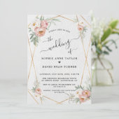 ほこりっぽいバラホワイトフローラ金ゴールド結婚書道 招待状 (スタンド正面)