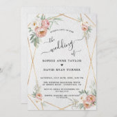 ほこりっぽいバラホワイトフローラ金ゴールド結婚書道 招待状 (正面/裏面)