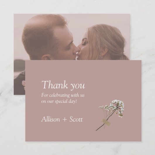 ほこりっぽいバラミニマルエレガントリストハンドプレスフローラ サンキューカード (正面/裏面)