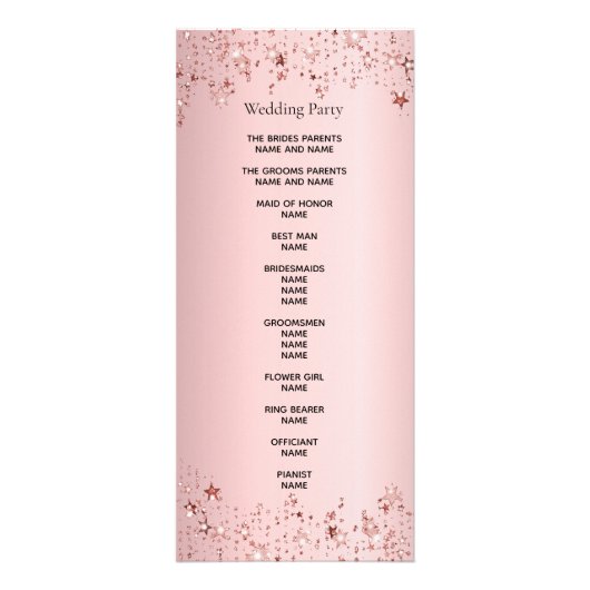 ほこりっぽいバラメタリックスターピンクの結婚式プログラム ラックカード (裏面)