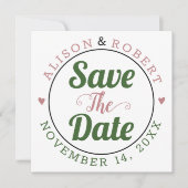 ほこりっぽいバラモスグリーンタイポグラフィの写真を背面に表示 セーブザデート (正面)