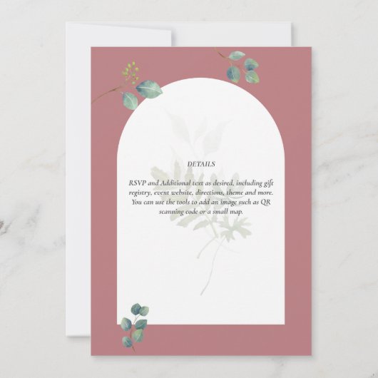 ほこりっぽいバラユーカリプトゥス結婚グリーンリーズアーチ 招待状 (裏面)