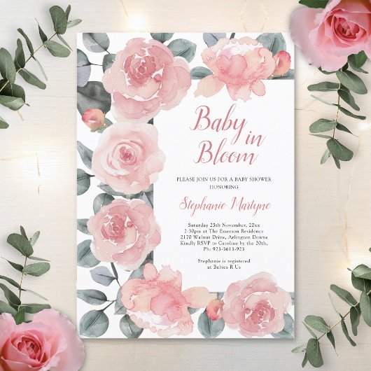 ほこりっぽいバラユーカリベビーイン開花ベビーシャワー 招待状
