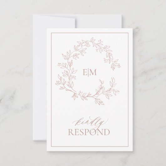 ほこりっぽいバラリーフェイスクレストモノグラムウェディングRSVPカード 出欠カード (正面)