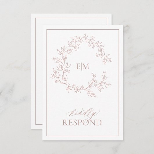 ほこりっぽいバラリーフェイスクレストモノグラムウェディングRSVPカード 出欠カード (正面/裏面)