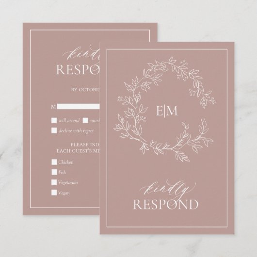 ほこりっぽいバラリーフェイスクレストモノグラムウェディングRSVPカード 出欠カード (正面/裏面)