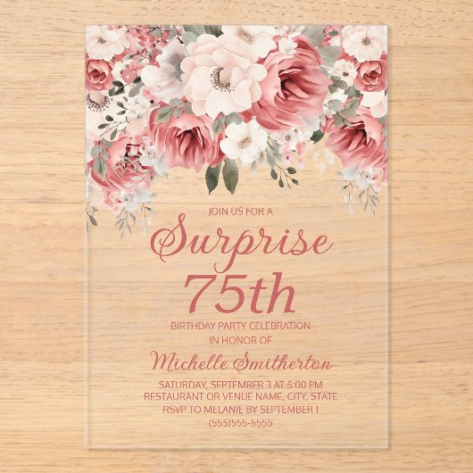 ほこりっぽいバラレッドクリームウォーター色フローラサプライズ75 アクリル招待状 (正面)