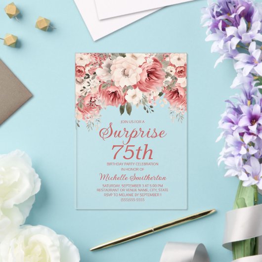 ほこりっぽいバラレッドクリームウォーター色フローラサプライズ75 アクリル招待状 (インサイチュ (ウェディング))