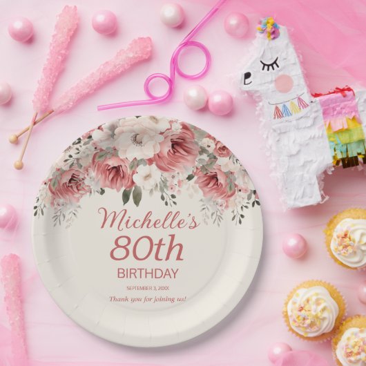 ほこりっぽいバラレッドクリームウォーター色フローラ80th ペーパープレート (パーティー)