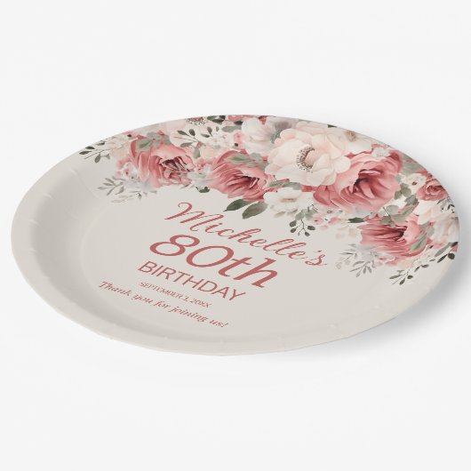 ほこりっぽいバラレッドクリームウォーター色フローラ80th ペーパープレート (アングル)