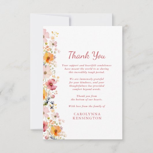 ほこりっぽいバラワイルドフラワー悔やみや弔慰ありがとう サンキューカード (正面)