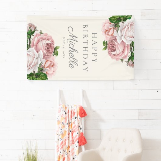 ほこりっぽいバラヴィンテージフローラ女性の誕生日名 横断幕 (インサイチュ)