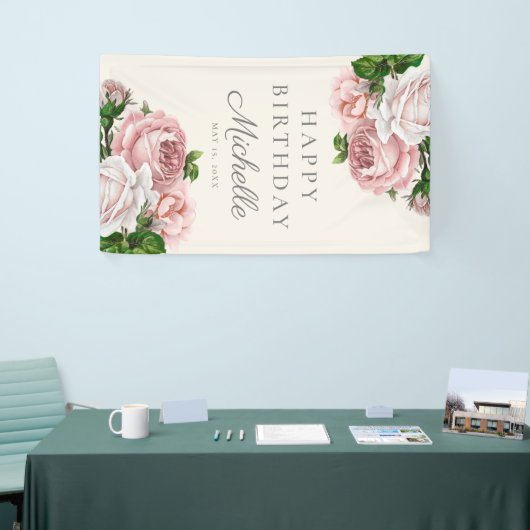 ほこりっぽいバラヴィンテージフローラ女性の誕生日名 横断幕 (トレードショー)
