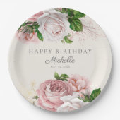 ほこりっぽいバラヴィンテージフローラ女性の誕生日 ペーパープレート (正面)