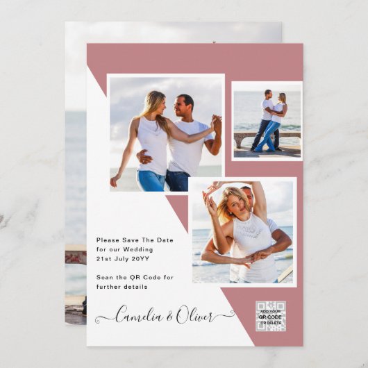 ほこりっぽいバラ写真結婚式QRコード救日付 招待状 (正面/裏面)
