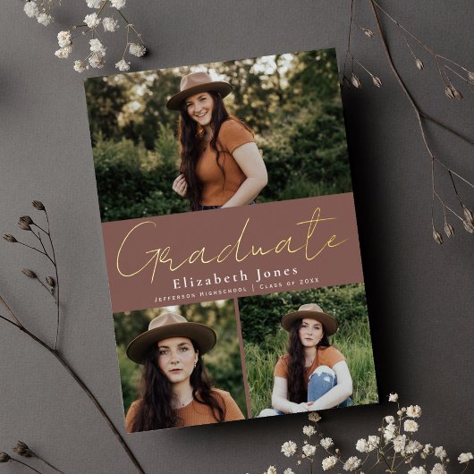 ほこりっぽいバラ卒業写真フォイル発表 箔招待状