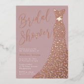 ほこりっぽいバラ実在バラ金ゴールドガウンブライダルシャワー 箔招待状 (正面)