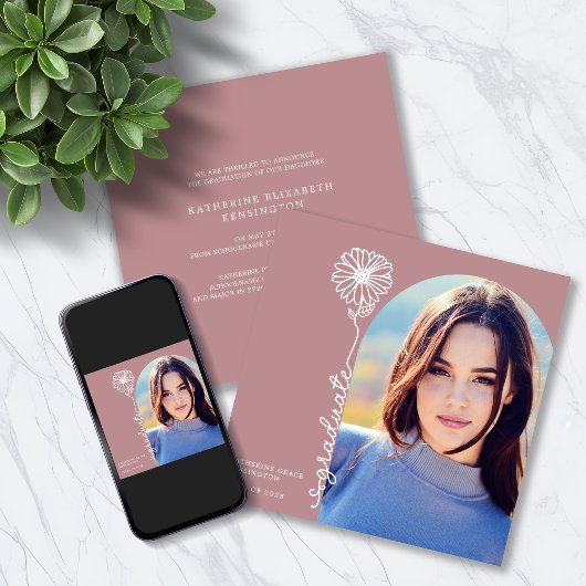 ほこりっぽいバラ手書きフローラ写真卒業 招待状